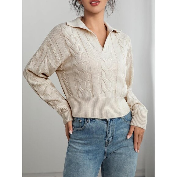 Women's V Neck Cable Knit Sweater Cropped Long Sleeve Casual Top - Picture 3 of 7